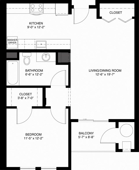 Floor plan for 1 bed, 1 bath, 735 sqft